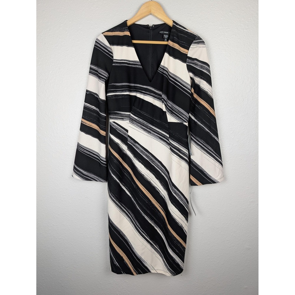Maggy London Dress Womens 2 Midi V Neck Abstract Stripe Long Sleeve Cocktail Par